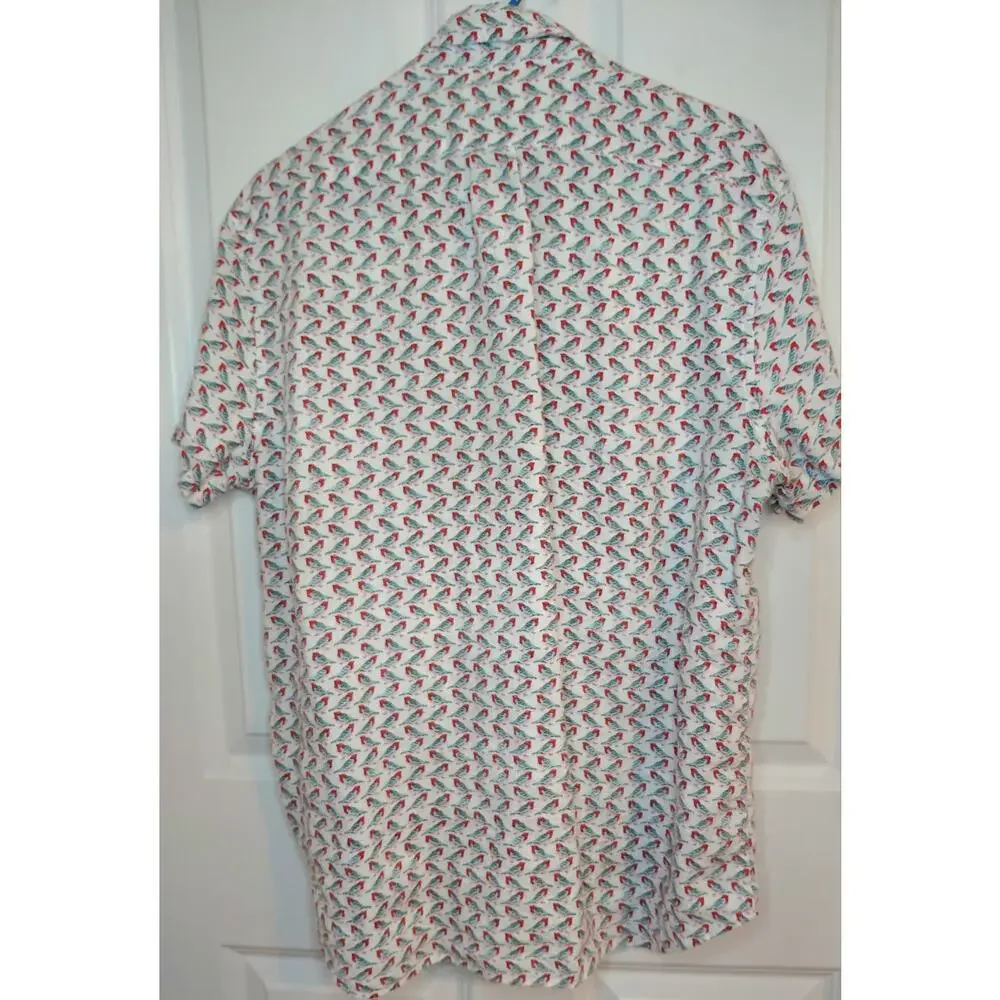 J.Crew Mens 100% Linen Bird Print Shirt Slim Fit Large Short Sleeve Coastal